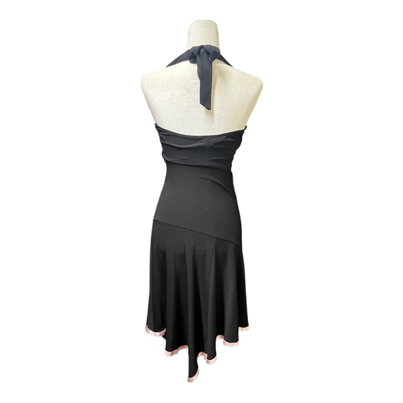Y2K Halter Asymmetrical Black Midi Dress Pink Ribbon Trim Taboo - Picture 5 of 6